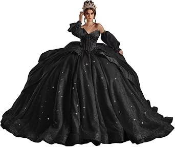 Glitter Tulle Quinceanera Dresses Off Shoulder Crystal XV Dress | Sparkly Beading Sweet 16 Dress, Puffy Tiered Ball Gown, Gorgeous Vestido de 15 Anos with Bow, Perfect for your 15th Birthday