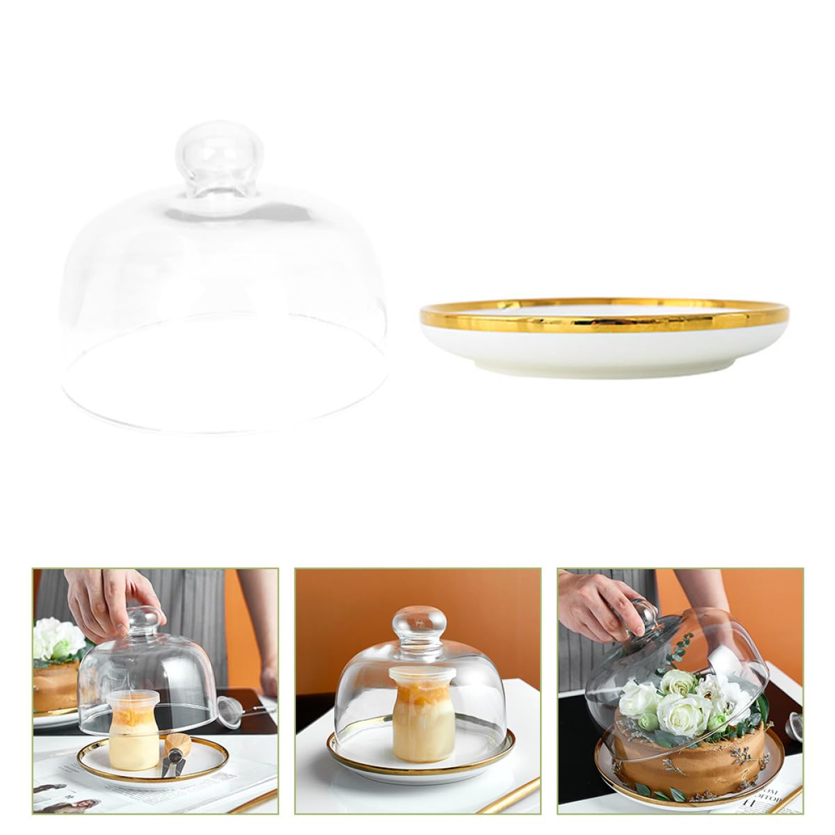 Plato para Tartas Cubierta de Vidrio Transparente y Base Cerámica para Presentación de Pasteles y Postres en Fiestas y Eventos Fácil Mantenimiento y Brillo