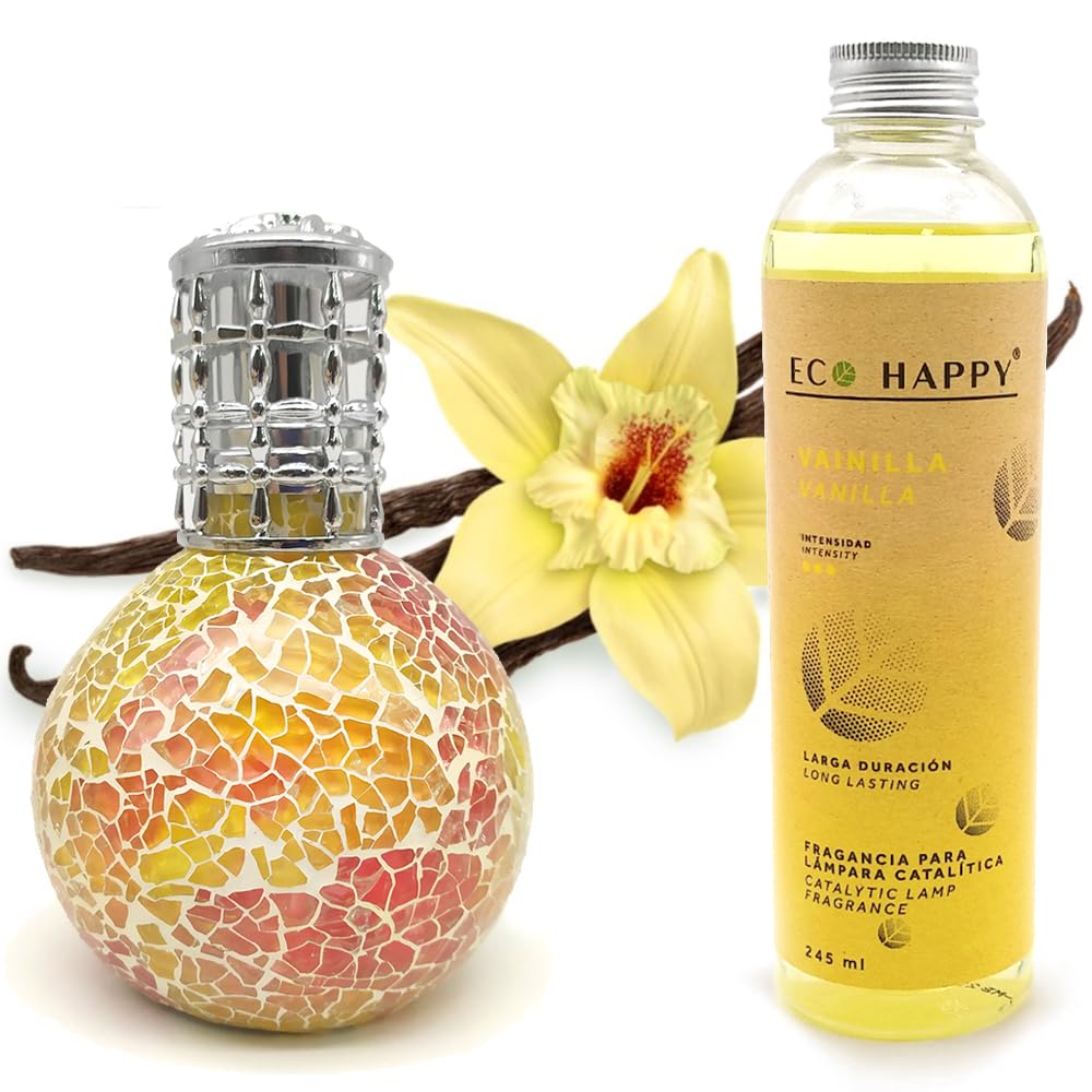 Pack lámpara catalítica Mosaico Bicolor + Fragancia Aroma Vainilla Eco 245 ml - Elimina Malos olores, Limpia, sanea y perfuma el Ambiente