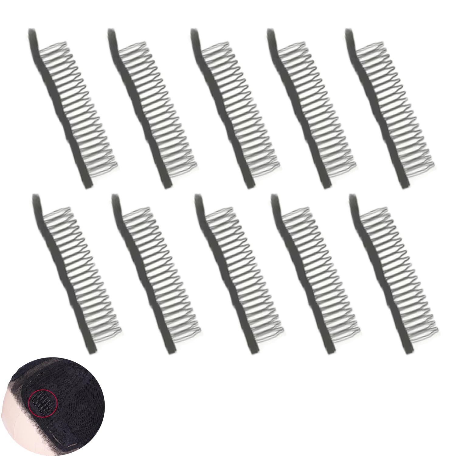 10 Pack Wig Comb Long 20 Teeth Clips Black Wire with Cloth Sewing Combs Wearing Holder for Wig Caps Making Finished Wigs Secure Attachment Hairpiece DIY Hair Extension