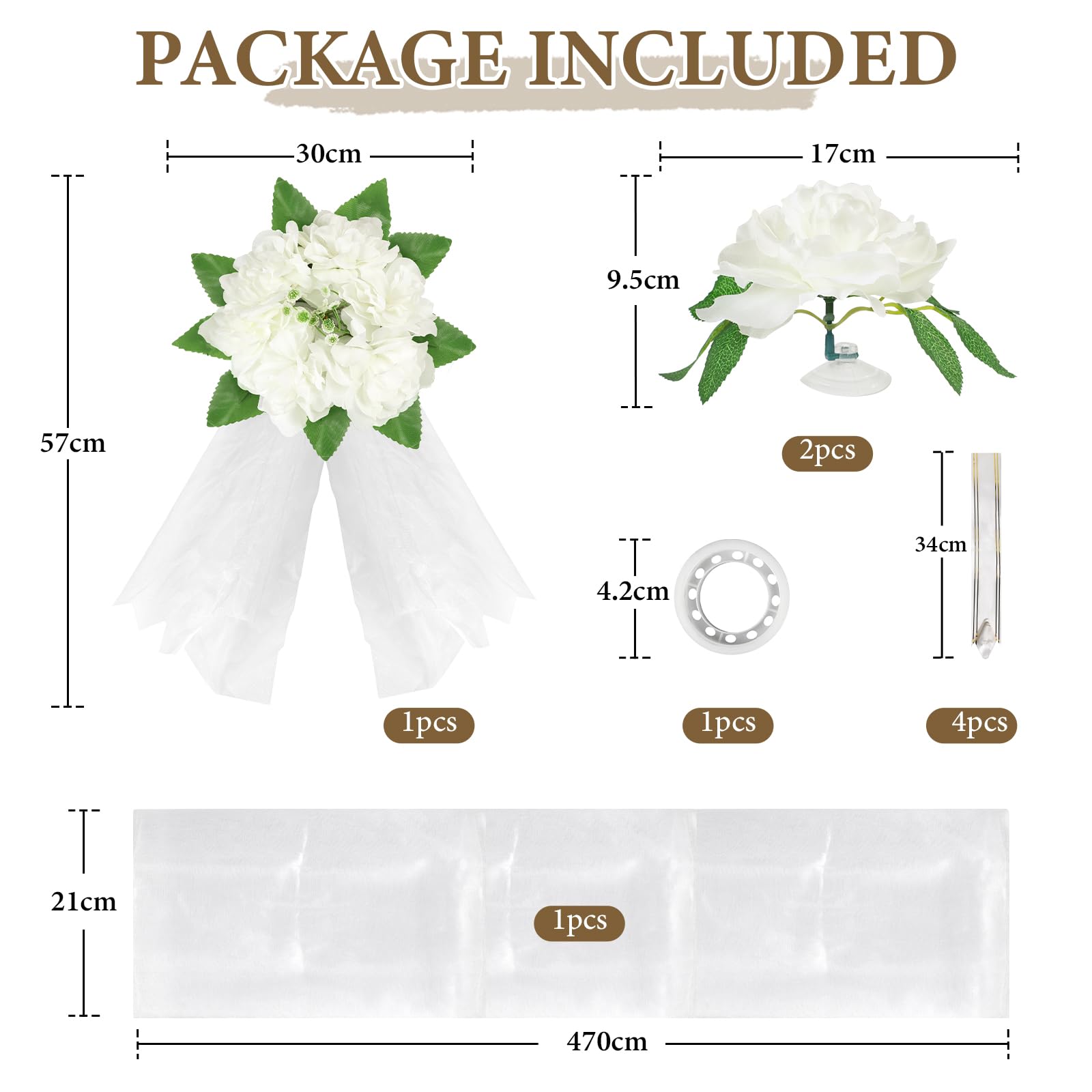 Decorazione Auto Matrimonio, Set con 1 Fiore per Paraurti Anteriore, 1 Nastro di Tulle (4,7m), 2 Fiori per Specchietti, 4 Nastri Decorativi, ecc. – Adatto alla Maggior Parte dei Modelli