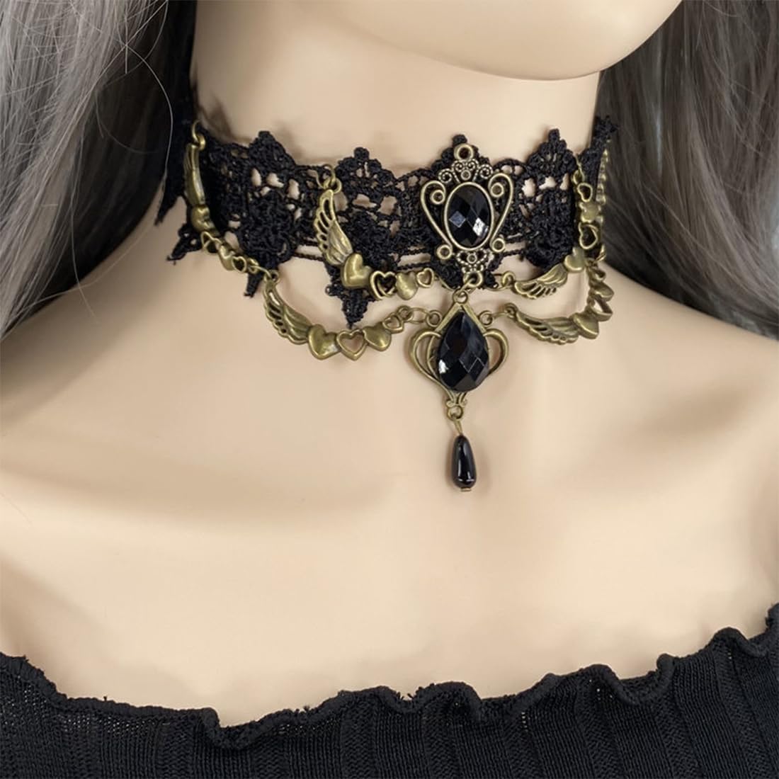 3 Pieces Dentelle Noire, Collier Ras Du Cou, Gothique