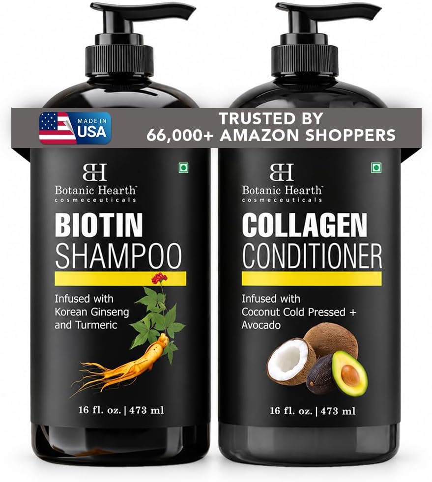 Botanic Hearth Biotin Shampoo and Conditioner with Collagen | Fights Hair Loss & with Korean Ginseng & Turmeric, Conditioner Promotes Hair with Avocado and Coconut | 16 fl oz x 2