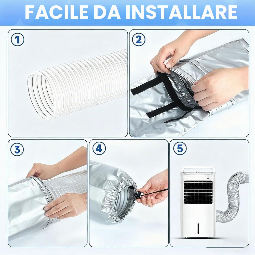 Copertura per tubo portatile per condizionatore d'aria – Manicotto isolante resistente al calore per condotto di scarico CA – Tessuto Oxford regolabile e protezione in alluminio per casa, ufficio
