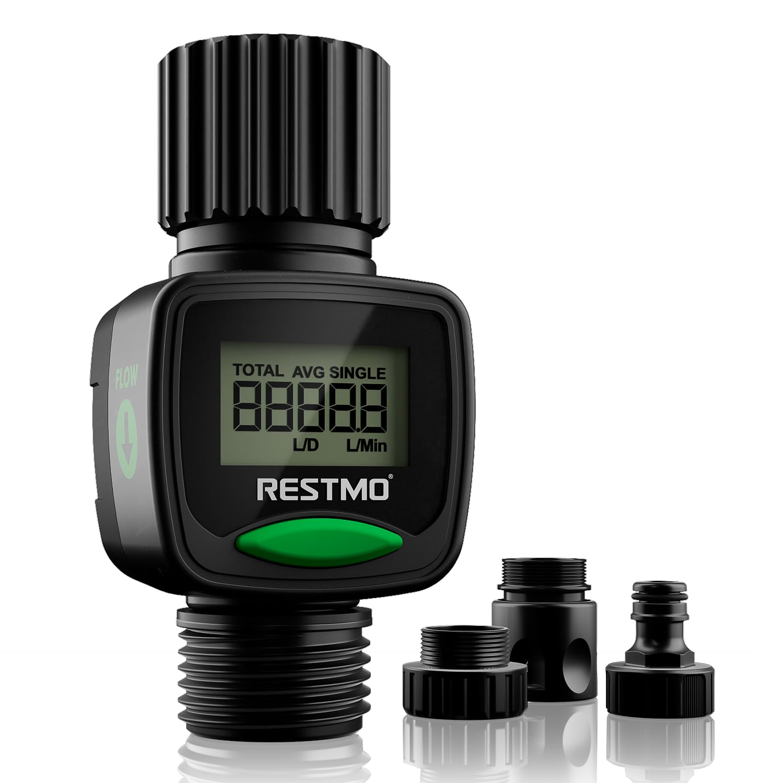 RESTMO Water Flow Meter, High Measure Accuracy, Measure Gallon/Liter Consumption and Flow Rate for Garden Hose Watering, RV Water Tank Filling, Lawn Sprinkler, Irrigation System
