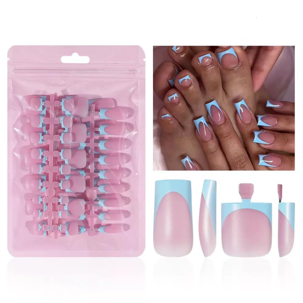 NHIXK 60Pcs Medium Press on Nails Square & Press on Toenails Set, Blue French Tip Press on Nails Short Square Press on Toe Nails Summer False Toenails