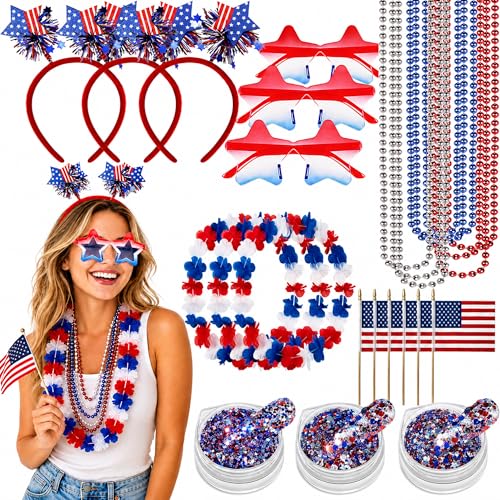 Vermeyen 4th of July Accessories Set Patriotic Party Favors with Headbands Necklaces Sunglasses for Independence Day
