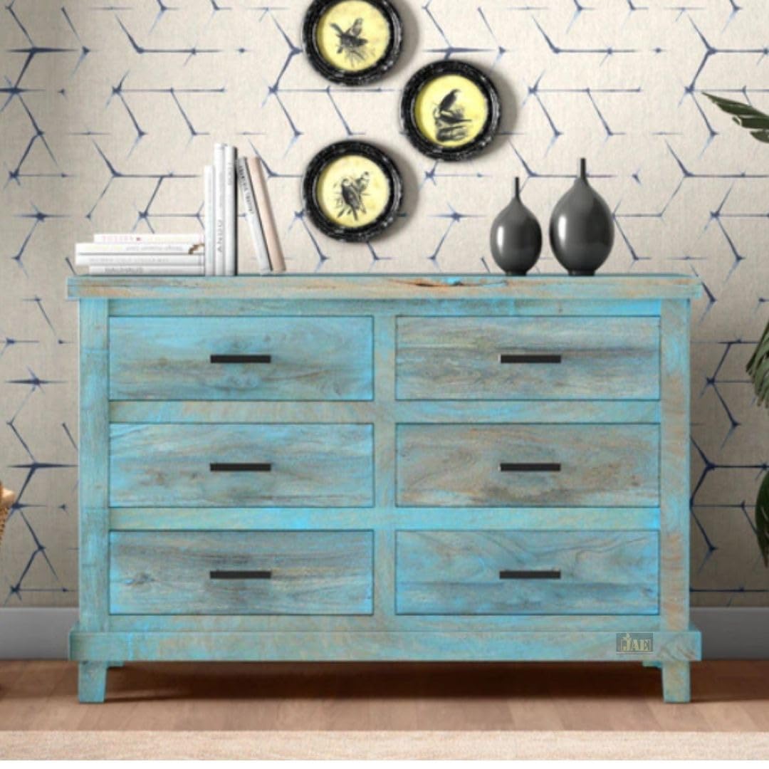Wooden 06 Chest of Drawer's | Solid Mango Wood | Storage Unit | Blue Distress Finish | Bed-Room Furniture | Furniture for Home | 115X40X80 cms-image-26