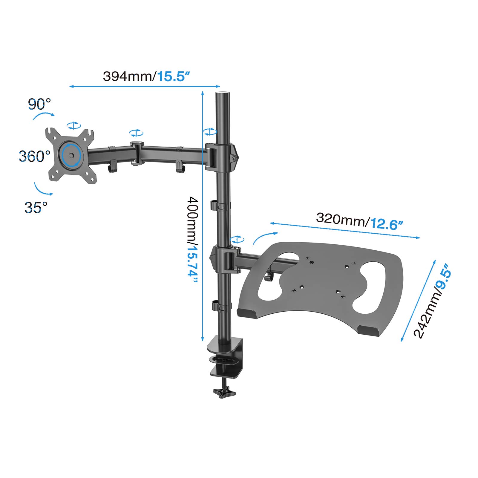 HFTEK, HF282LM, supporto da tavolo per monitor da 13 a 27 pollici con VESA 75/100, completamente mobile, altezza regolabile, con supporto per laptop, notebook, tablet, iPad