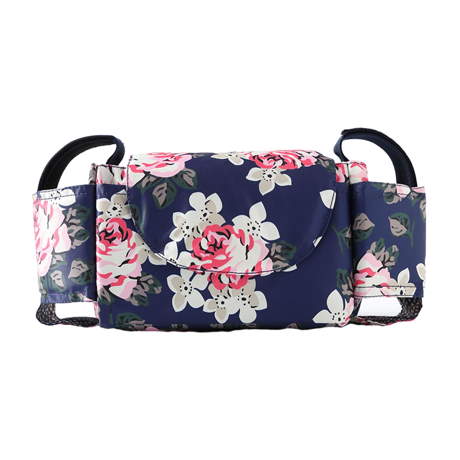 Hiseng Pram Bag Pram Accessories with Insulated Cup Holders, Universal Pram Organiser Multifunctional Buggy Bag, Pram Organiser Bag for Diaper Storage, Baby Bottle & Toys Fits (Flowers,35x15x11cm)
