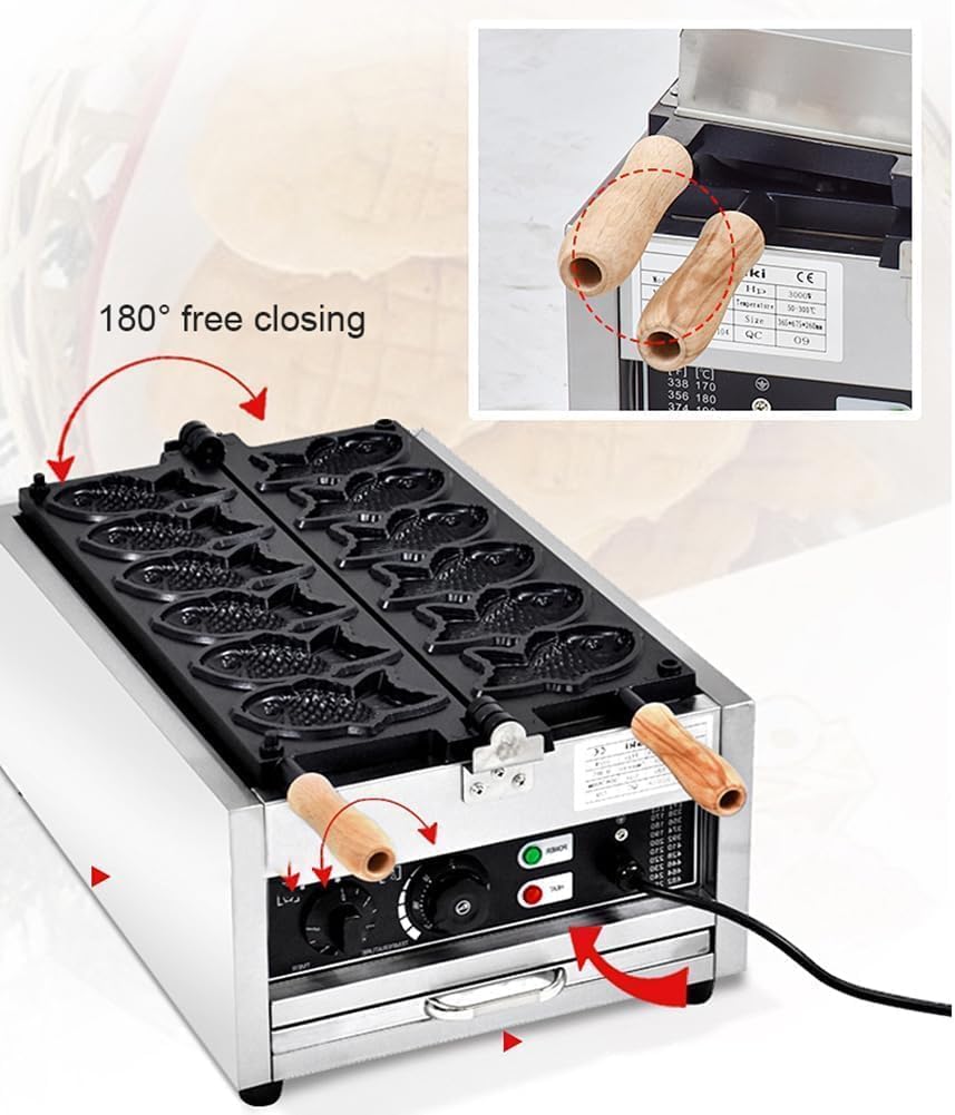 Macchina Elettrica Professionale per Taiyaki, Cialdiera 6 Pezzi Antiaderente con Timer e Controllo Temperatura. per Pasticceria, Ristorante, caffè e Casa (110V/220V)