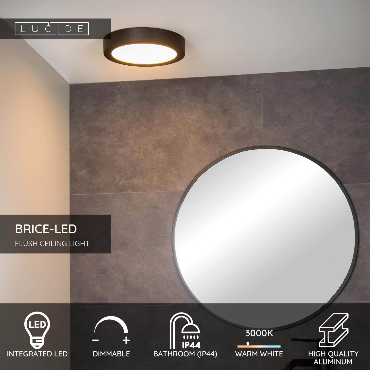 LUCIDE BRICE-LED - Deckenleuchte Badezimmer - Ø 24 cm - LED Dim. - 1x15W 3000K - IP44 - Schwarz