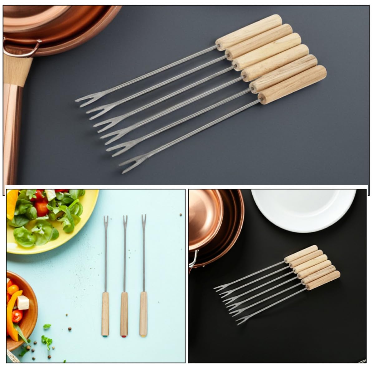 HOMSFOU Forchette per Fonduta Set 18 con Manico in Legno Ergonomico, Facili da Pulire in Acciaio Inossidabile per Cheese Fondue e Chocolate Dipping Durante Riunioni