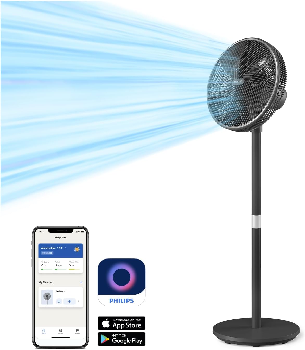Smartphone displaying the Philips Air+ app interface controlling the Smart Pedestal Fan.