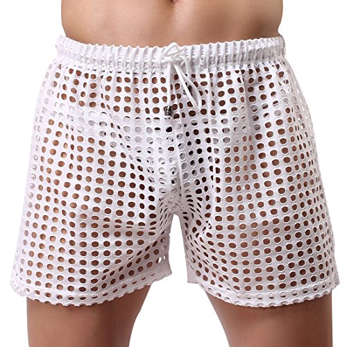 TiaoBug US Mens Hollow Openwork Drawstring Lounge Underwear Boxer Shorts White Size Medium