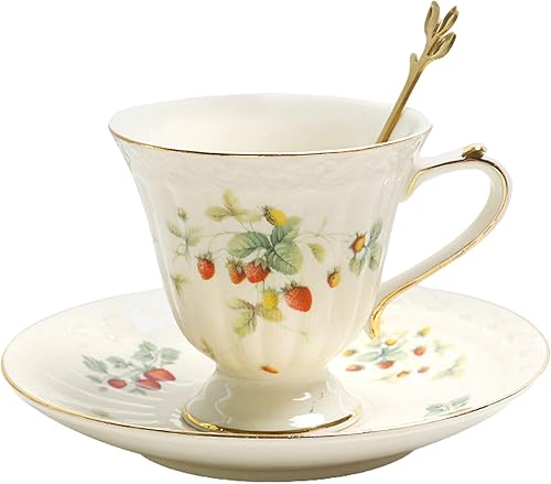 Juego de taza de té y platillo de porcelana, taza de café de cerámica de 8.5 onzas líquidas con platillo y cuchara, taza de café vintage con ribete