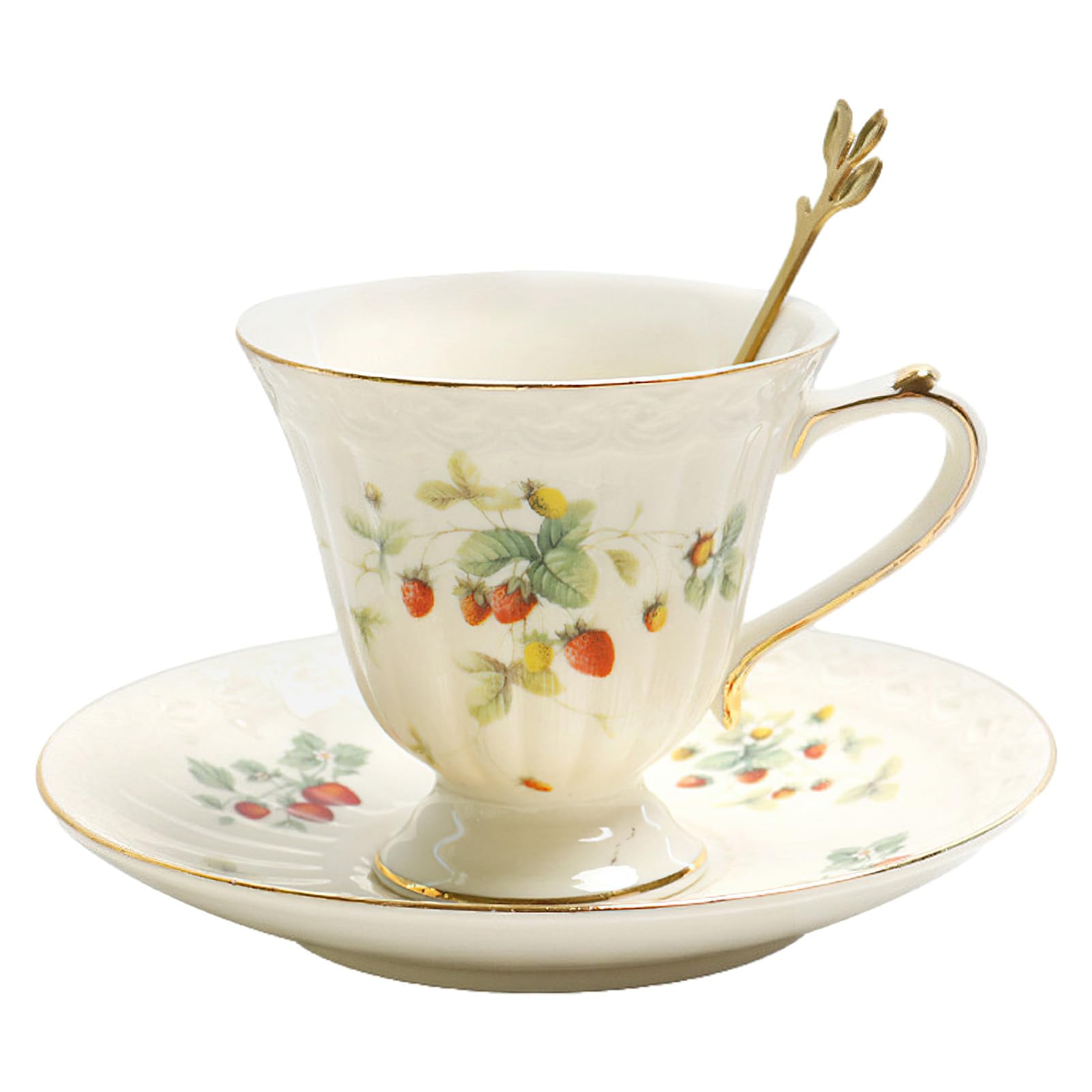 Juego de taza de té y platillo de porcelana, taza de café de cerámica de 250 ml con platillo y cuchara, taza de café vintage con ribete dorado para mamá, mujer, día de la madre, patrón retro de fresa