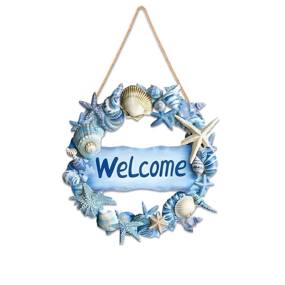 Coastal Beach Themed Wreath Welcome Wooden Sign for Front Door (Blue)
