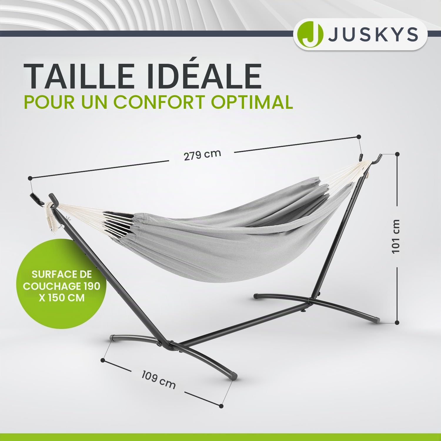 Hamac Paya de Juskys avec châssis - hamac Double d'extérieur, pour 2 Personnes - supporte jusqu'à 200 kg - hamac Double d'intérieur - Gris Clair