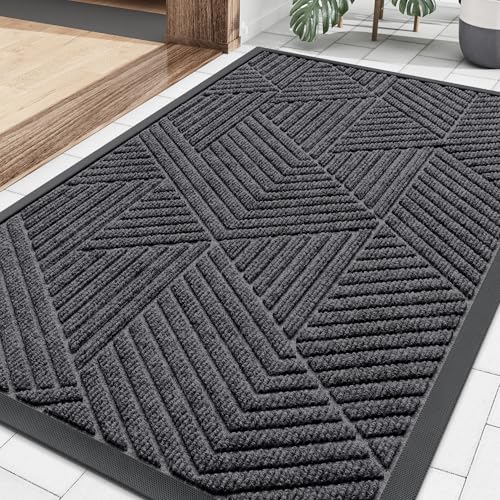 Image of Smiry Front Door Mat Outside Entrance, Heavy Duty Sturdy Natural Rubber Doormat, Trap Dirt and Moisture, Easy Clean Low Profile Mats for Indoor Outdoor Entry, Irregular Triangle (29.5x17, Light Grey)