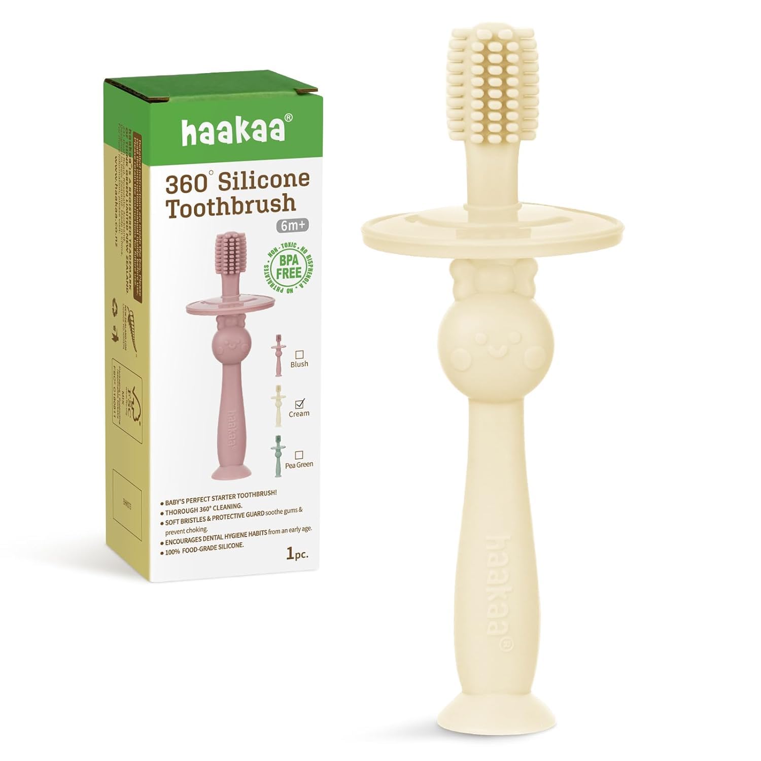 haakaa 360° Baby Toothbrush with Suction Base - Gentle Cleaning for Infant Self-Brushing Training, Food-Grade Silicone, Adjustable Safety Shield - Cream (1 Piece)-image-7
