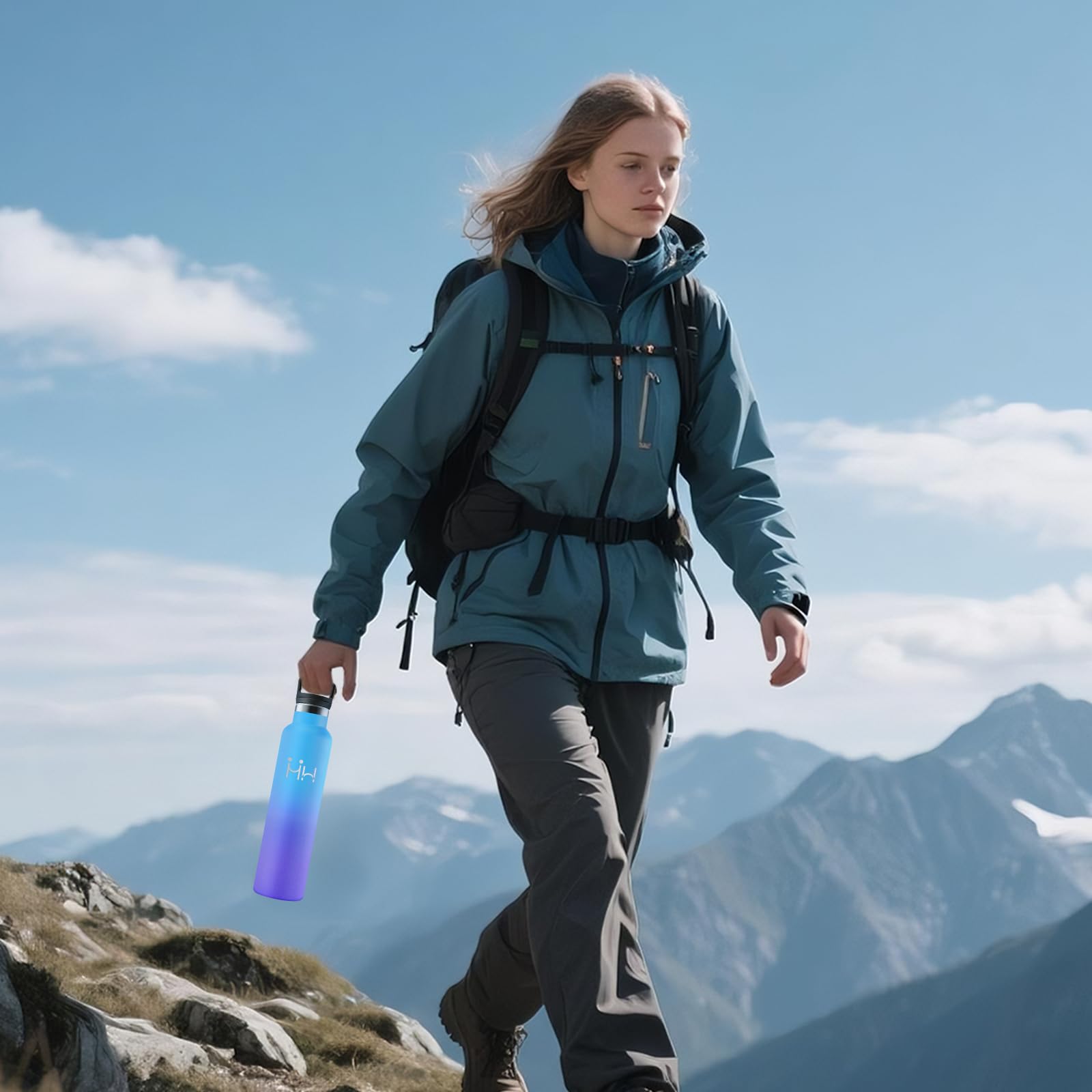 Motswedi Bottiglia termica da 1 l, senza BPA, in acciaio inox, freddo/caldo, bottiglia d'acqua con cannuccia, a prova di perdite, bottiglia d'acqua termica per sport, ufficio, yoga, ciclismo, blu