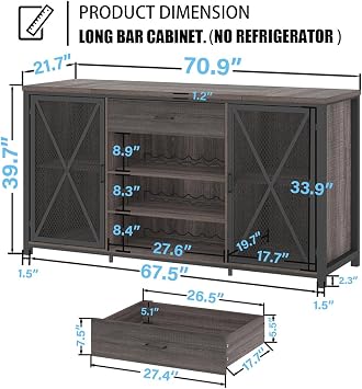 LVB 70 Inch Gray Industrial Bar Cabinet with Fridge Space and Wine Rack