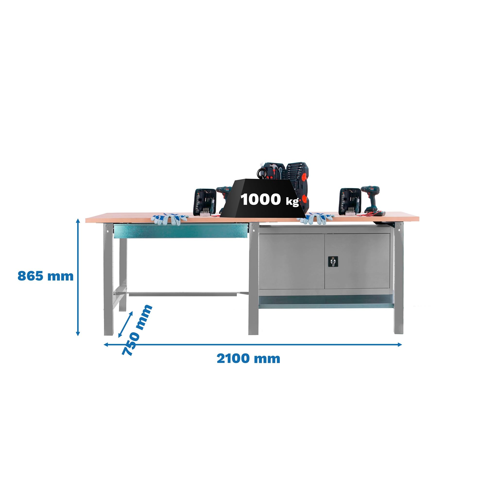 SimonRack Banco de Trabajo Taller Doble, Capacidad Carga 1000 kg, 865x2100x750 mm, 1 Cajón, Guarda Herramientas, Mesa de Trabajo, Gris/Haya - BT6 PRO