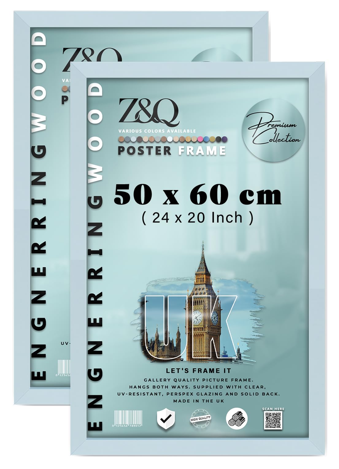 Z&Q Pack of 2 Elegant MDF Wood Finish (50 x 60 CM) Poster Frame | Modern Design 24 x 20 Inch Great for Artwork, Wall Décor, and Home Décor [ Light Grey ]