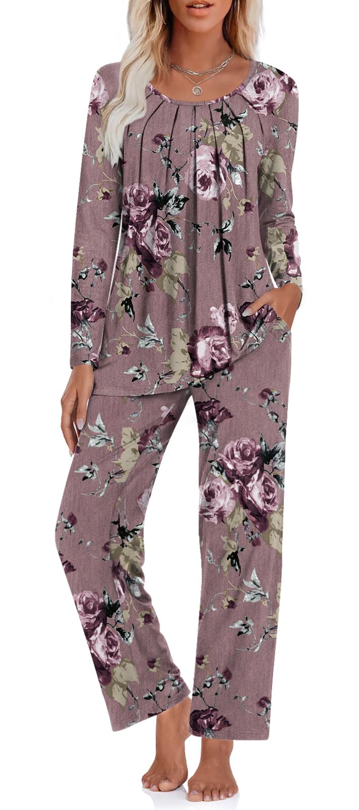TAOHUADAO Womens Pajamas Set Fall Long Sleeve Tops and Pants with Pockets Ladies Plus Size Pjs Set Winter 2 Piece Loungewear