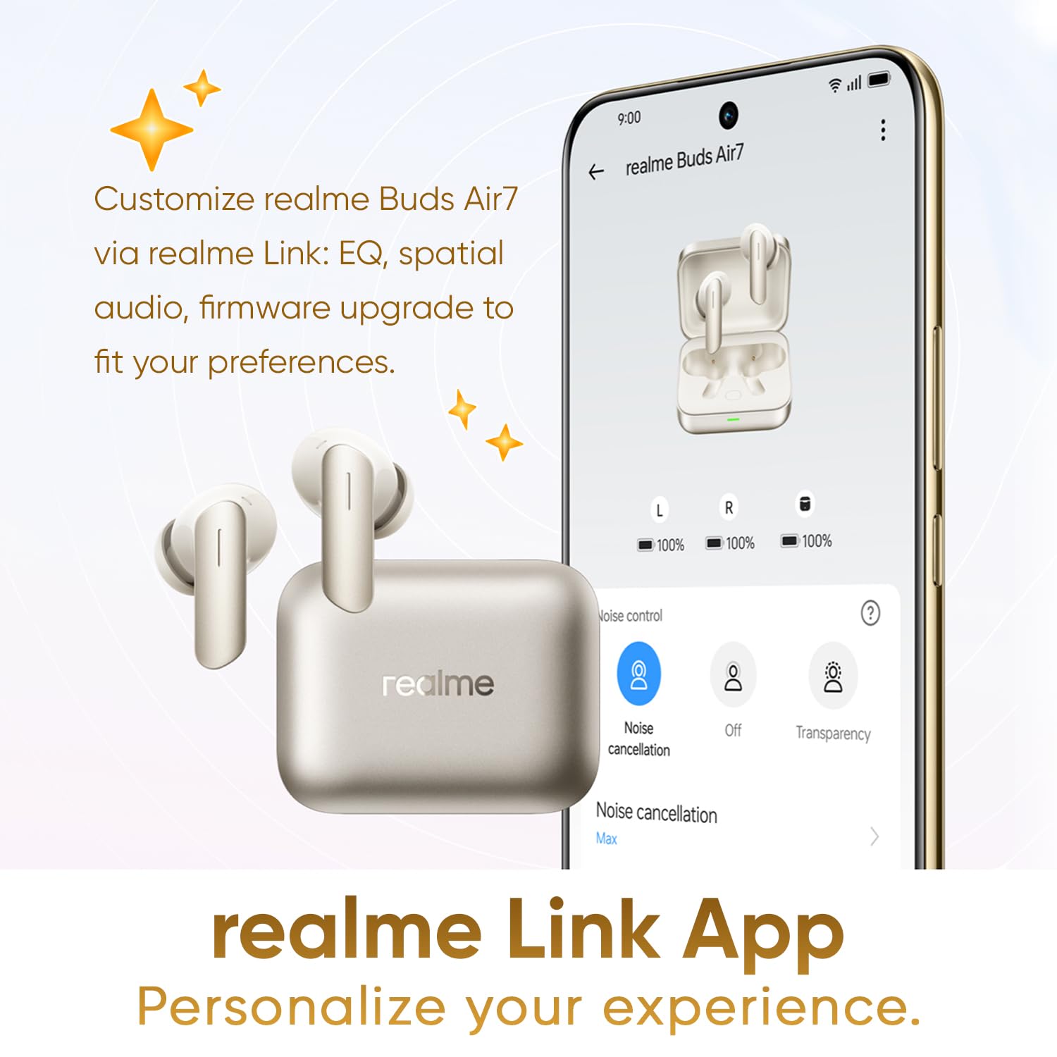 realme Buds Air 7 Cuffie wireless, Driver Deep Bass da 12,4 mm, Cancellazione attiva del rumore smart fino a 52 dB, Spegni il rumore, accendi la musica, Oro