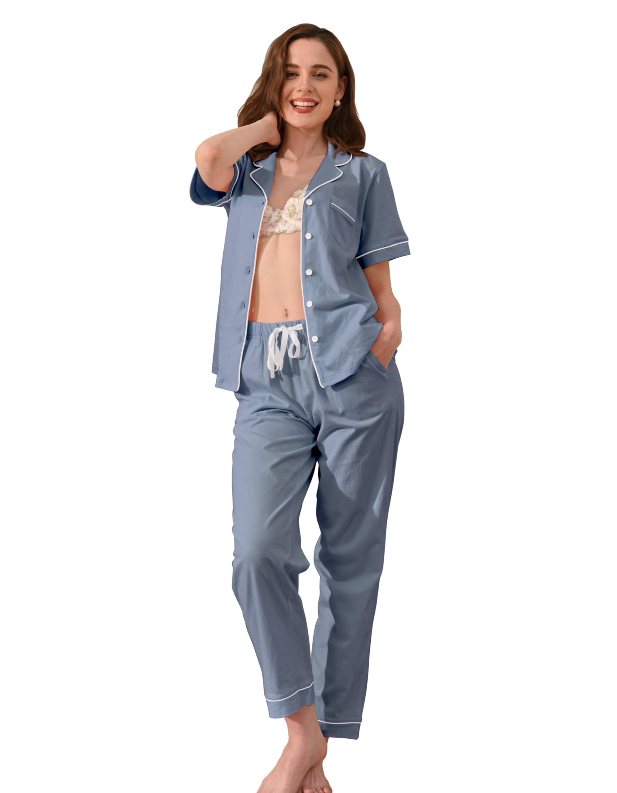 NAP BOUND 100% Cotton Women's Pajama Sets Short Sleeve Button Down Soft Pjs 2 Piece Lounge Set with Pocket Nightwear XS-XXL