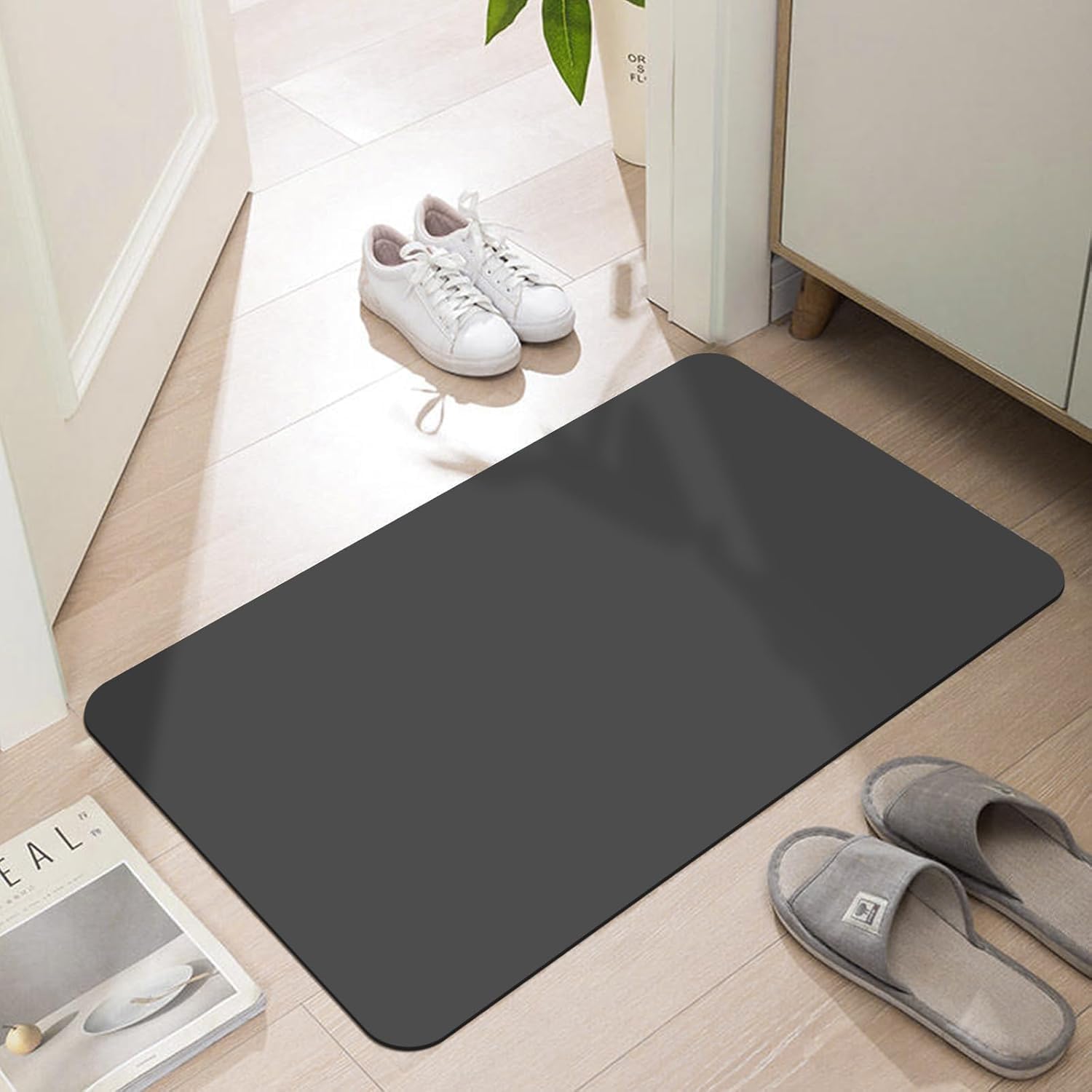 ultra thin door mat indoor entrance, 1/10 in thin door mats for inside entry, non-slip rubber backing washable doormat, fade resistant, absorbent, low profile dirt trapper, 24''x16'', dark grey dark grey 1'4" x 2' (rectangular)