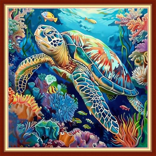 Image of Joyhoor Cross Stitch Kits for Beginners Stamped Cross-Stitch Supplies Needlework preprint Embroidery Kits for Adults DIY Needlepoint Kit Embroidery Patterns 11CT-Underwater sea Turtle 18x18 inch
