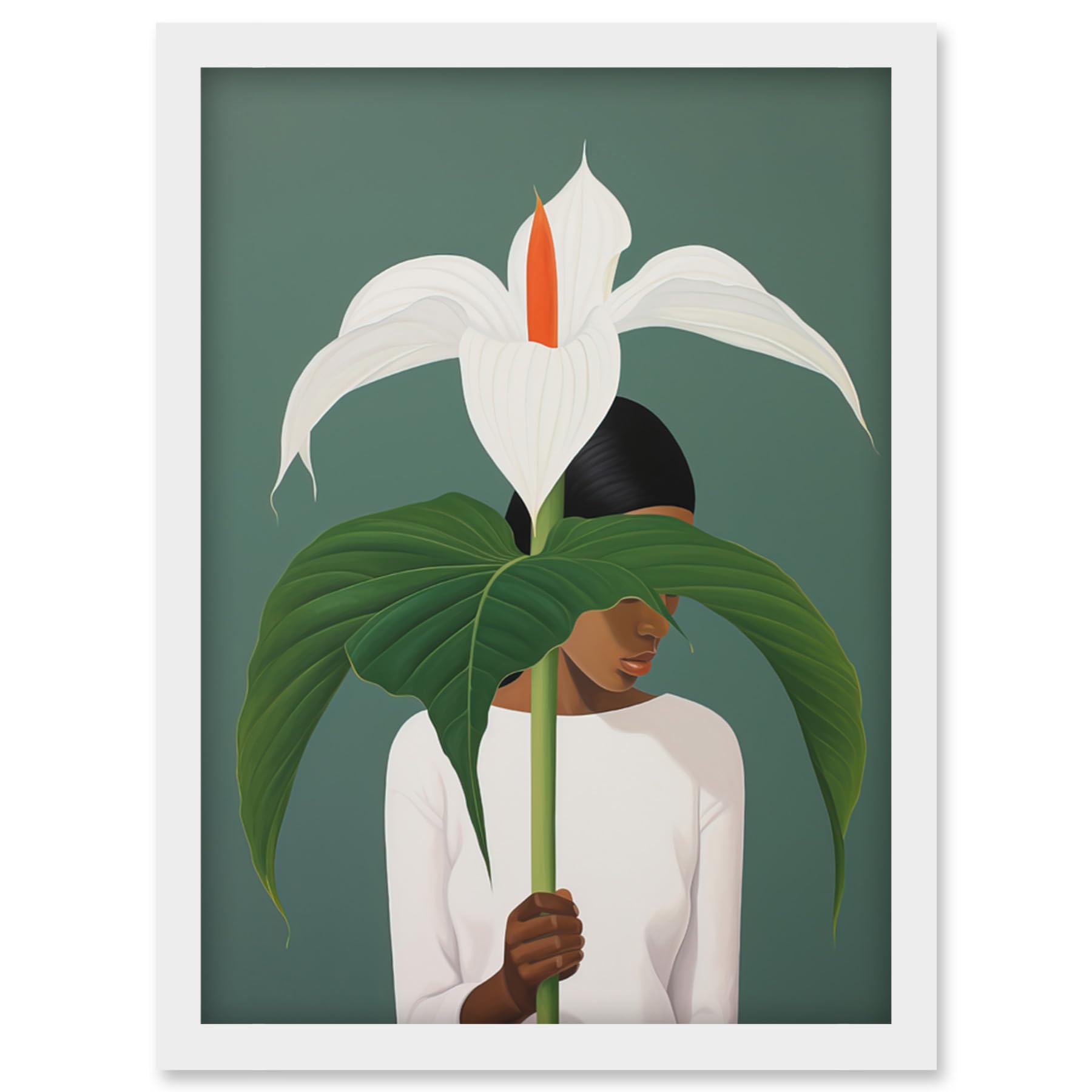 Artery8 Giant Peace Lily Showcase Realistic Oil Painting White Teal Green Woman with Flower Minimalist Artwork Framed Wall Art Print A4