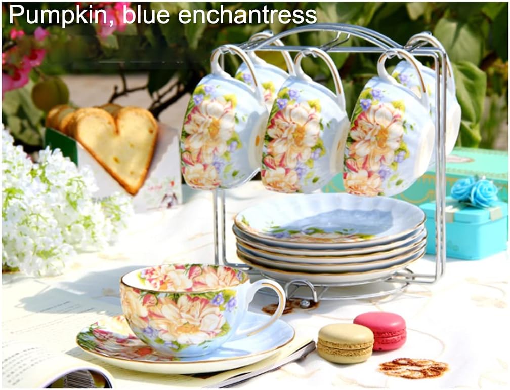 Tea Cup Set Tea Cup Set Ceramic Hand Crafted Porcelain Coffee Tea Cup Sets with 6 Saucer 6 Cups 6 Saucers 1Metal Stand for Tea Party Coffee Cup Set