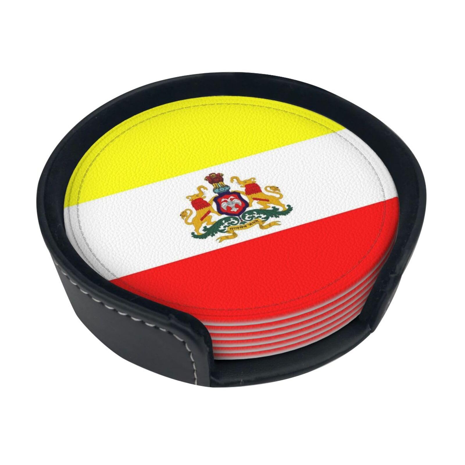 Flag of Karnataka Leather Coasters-Set of 6 with Storage Holder