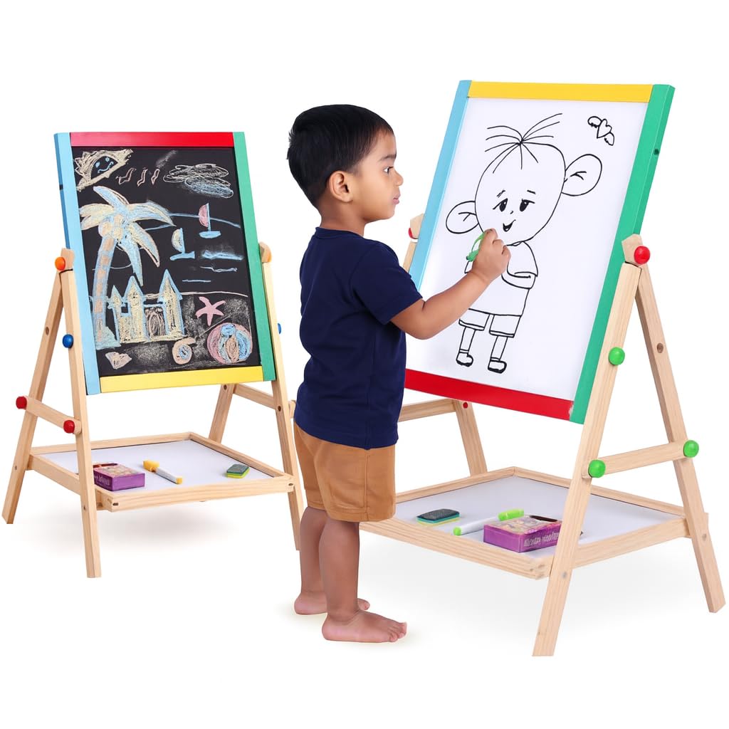 ABOUT SPACE Kids Board for Writing - Magnetic Black and White Board with Marker, Duster & Chalk | Portable & Adjustable with Stand | Double Sided Wooden Easel for Kids (37 x 88 cm)