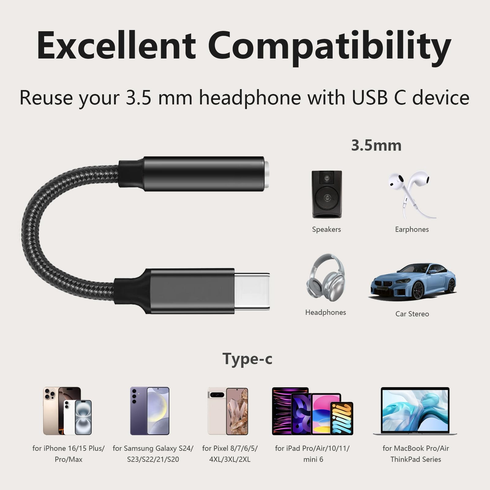 Adapter gniazda słuchawkowego USB C na 3,5 mm, adapter typu C, kabel Aux, klucz sprzętowy, kompatybilny z iPhone 16/15/15 Plus/15 Pro/15 Pro Max/iPad/Pixel, Samsung Galaxy S23 S22 S21 S20 Ultra Z