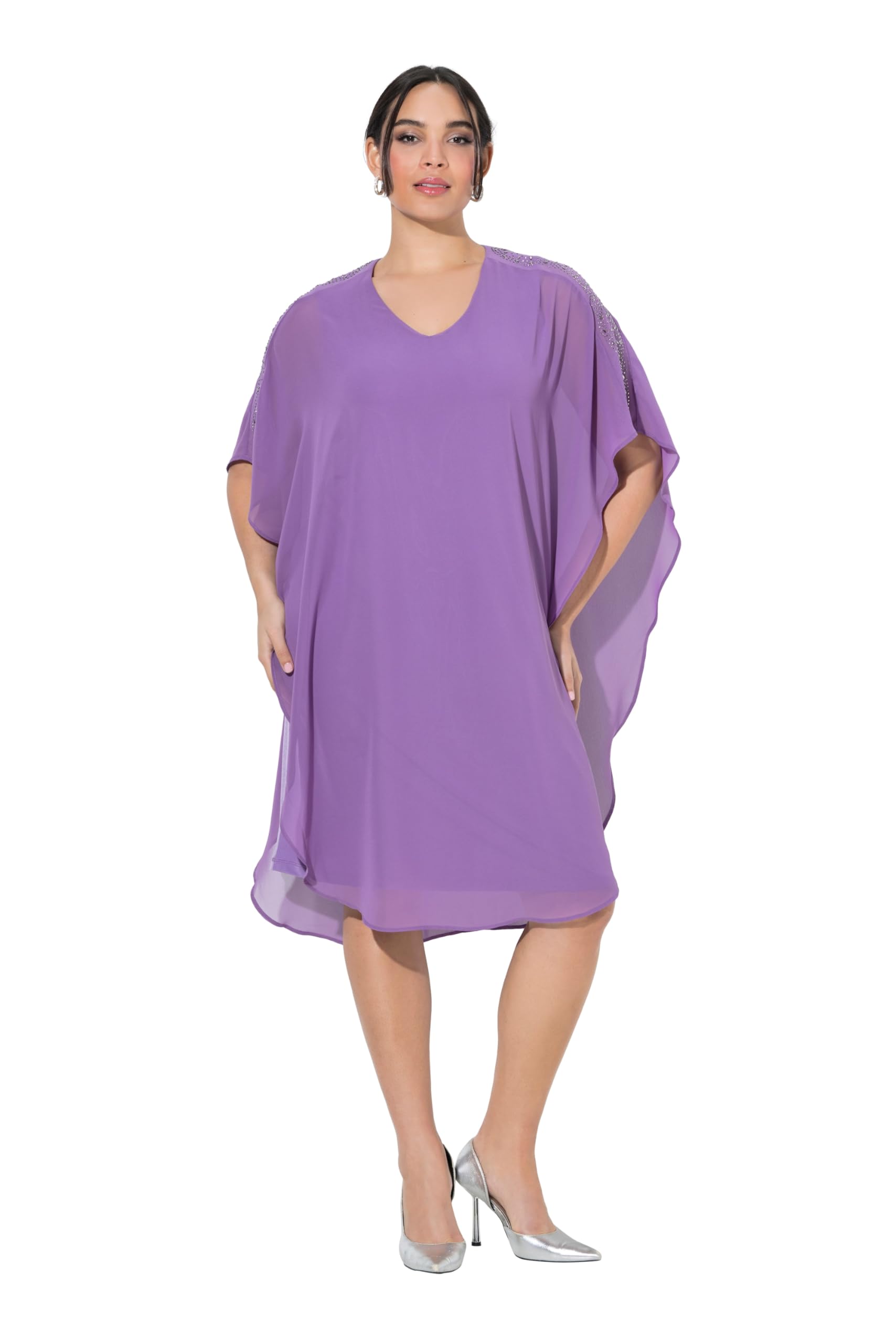 Ulla Popken Damen große Größen Übergrößen Plus Size Chiffonkleid, doppellagig, V-Ausschnitt, 3/4-Arm 825010