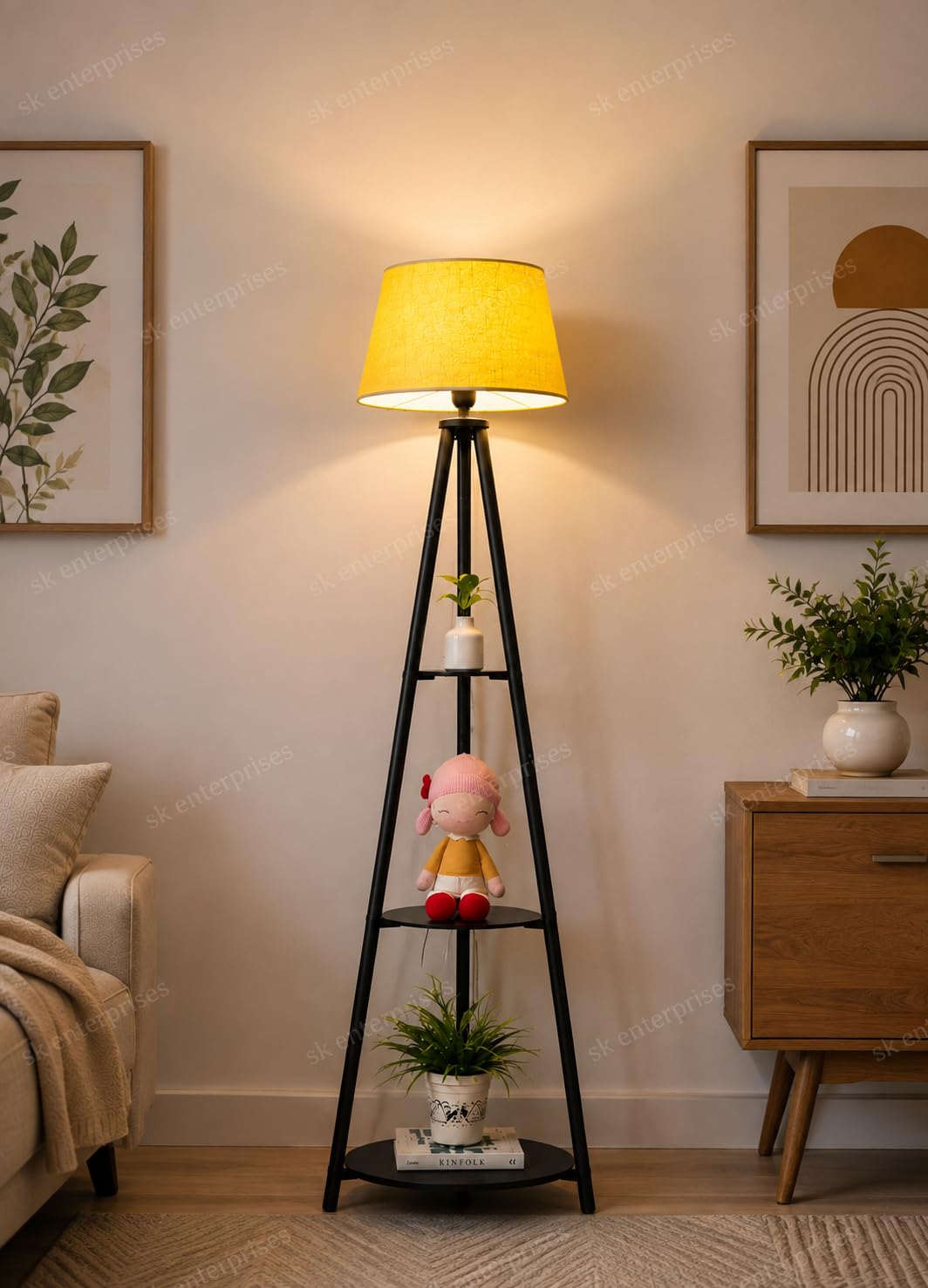 Aesthetic Yellow Metal Floor Lamp with 3 Shelves Stylish Standing Lamp for Living Room Decoration Bedroom Bedside Corner Stand-image-24