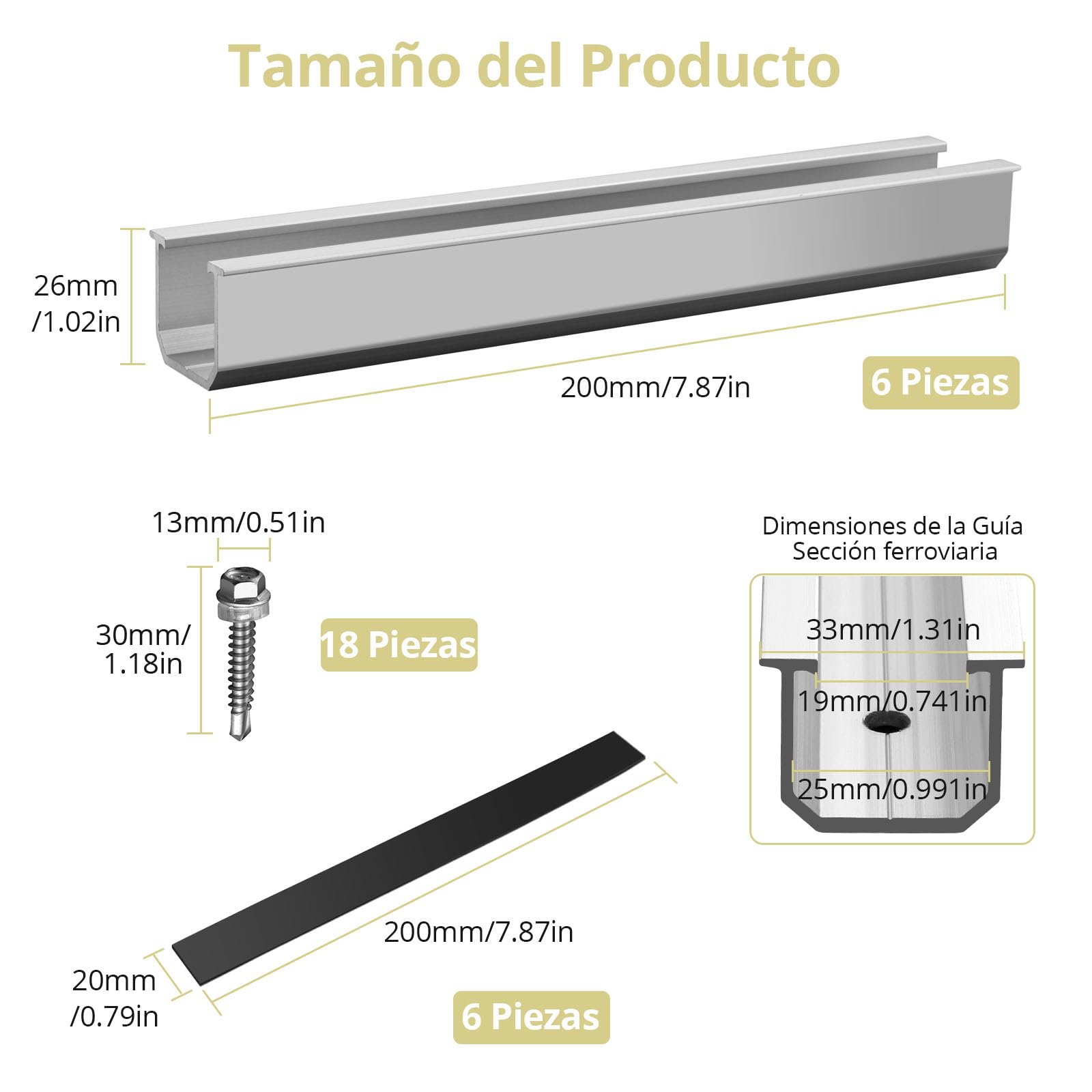 Anbte 6 Piezas Kit Soportes de Paneles Solares 200mm Aleación de Aluminio con Tornillos M5.5*30mm + Almohadillas de Goma Soporte para Panel Solar Juego de Montaje en Tejado