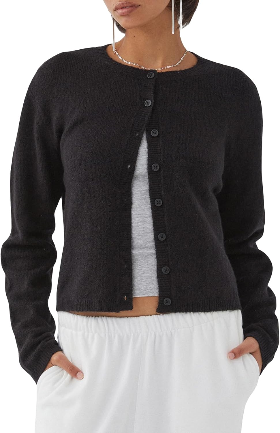 RUEWEY Women's Y2k Crop Cardigan Sweater Button Down Long Sleeve Lightweight Knit Crew Neck Cardigan Tops