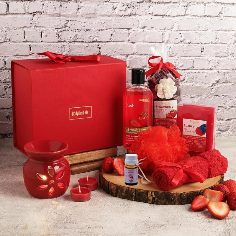 Strawberry Bath & Body Care Gift Set for Women & Men – 8 Pcs Luxury Skin Care Kit with Spa Accessories | Vegan Gift Box for Birthdays, Anniversaries, Weddings, , Gift & Special Occasions