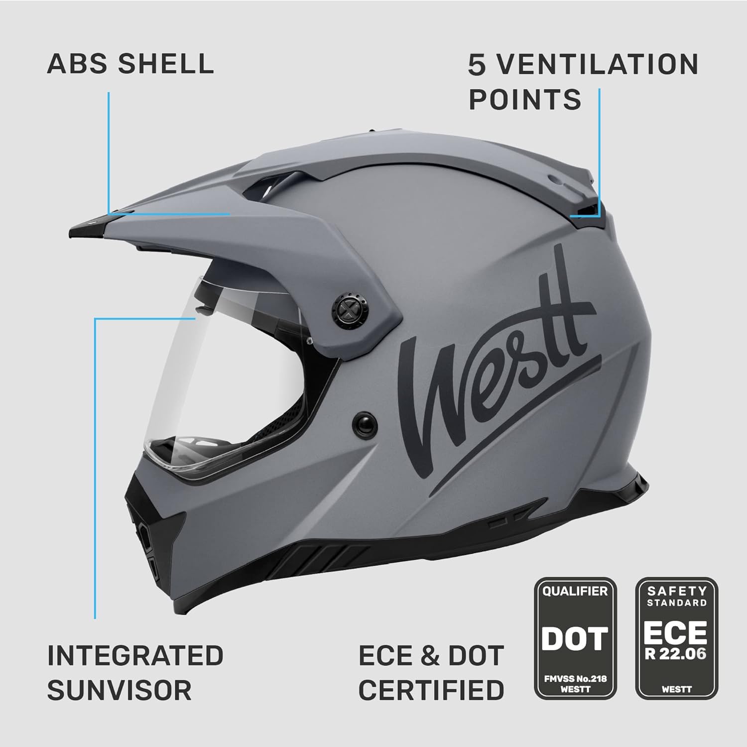 Westt Casco Moto Certificado ECE 22.06 Casco Motocross para Hombre Mujer Certificado ECE 22.06 Casco Enduro con Visera y Parasol Carcasa Robusta de ABS, Forro Lavable, Ideal para Enduro, Ciudad y MTB