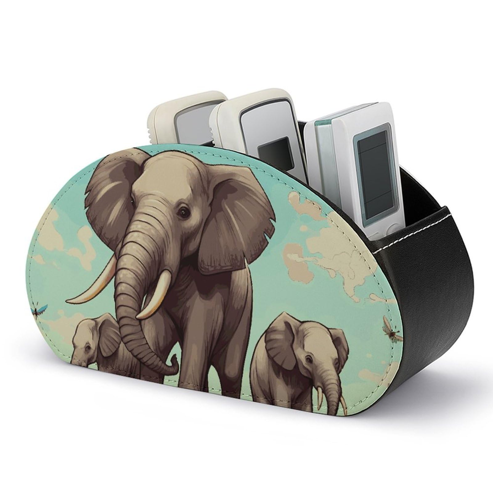 JTREHY Elephants Remote Control Holder with 5 Compartments Pu Leather Remote Caddy Box Multi-functional Deskt Holders Organizer Box Tray Bedside Table Storage Organizer