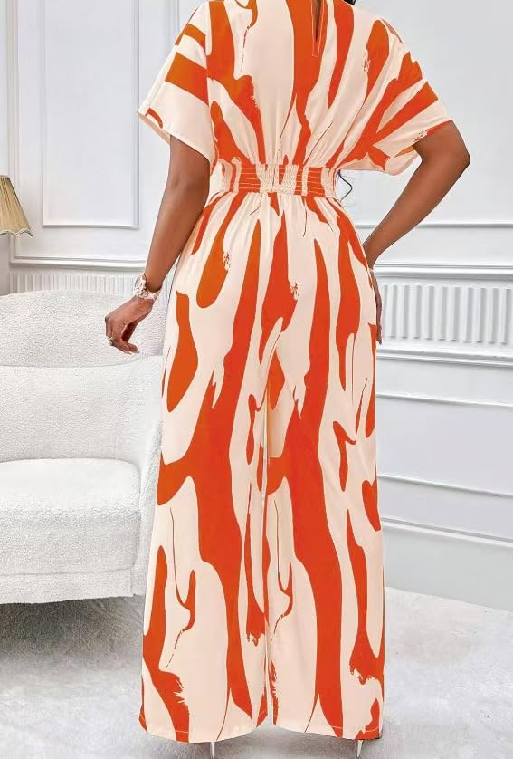 Image of PerZeal Women's V-Neck Short Sleeve Printed Jumpsuit with Pockets - Casual Wide Leg One-Piece Romper for Summer(S-XXL)