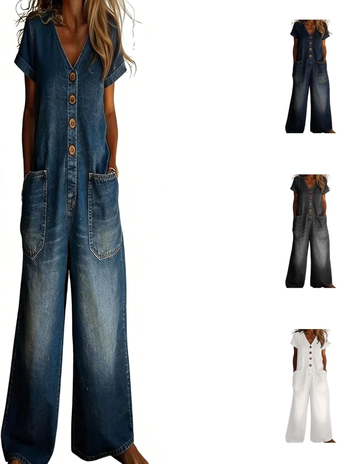 Blue Jean Jumpsuits For Women Denim Short Sleeve Button Down Lapel Shirt Wide Leg Romper With Pocket Casual Overall