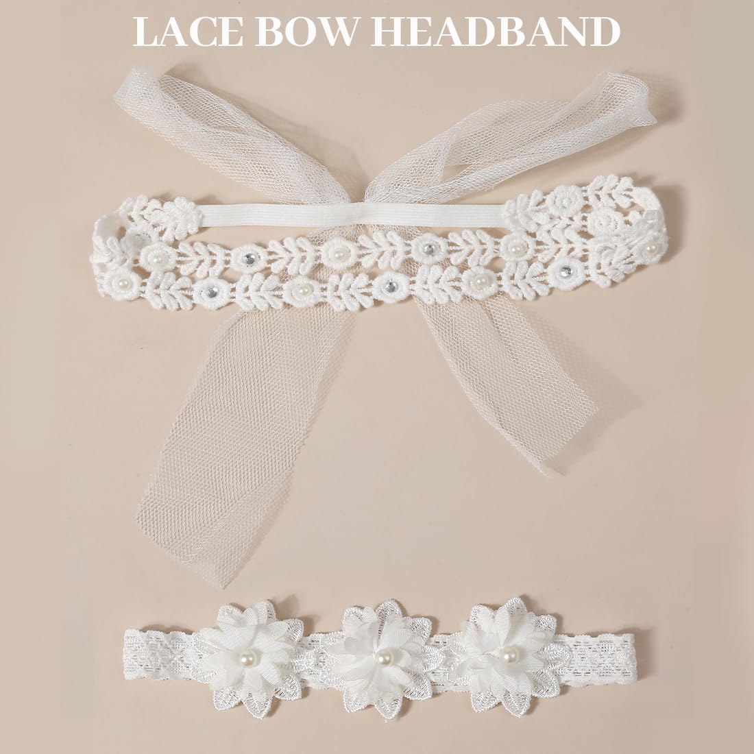 2pcs bandeau bébé fille,bandeau de baptême pour bébé fille, bandeau élastique pour fille, blanc dentelle bowknot bandeau cheveux Convient aux filles dont le tour de tête mesure entre 37 et 48 cm
