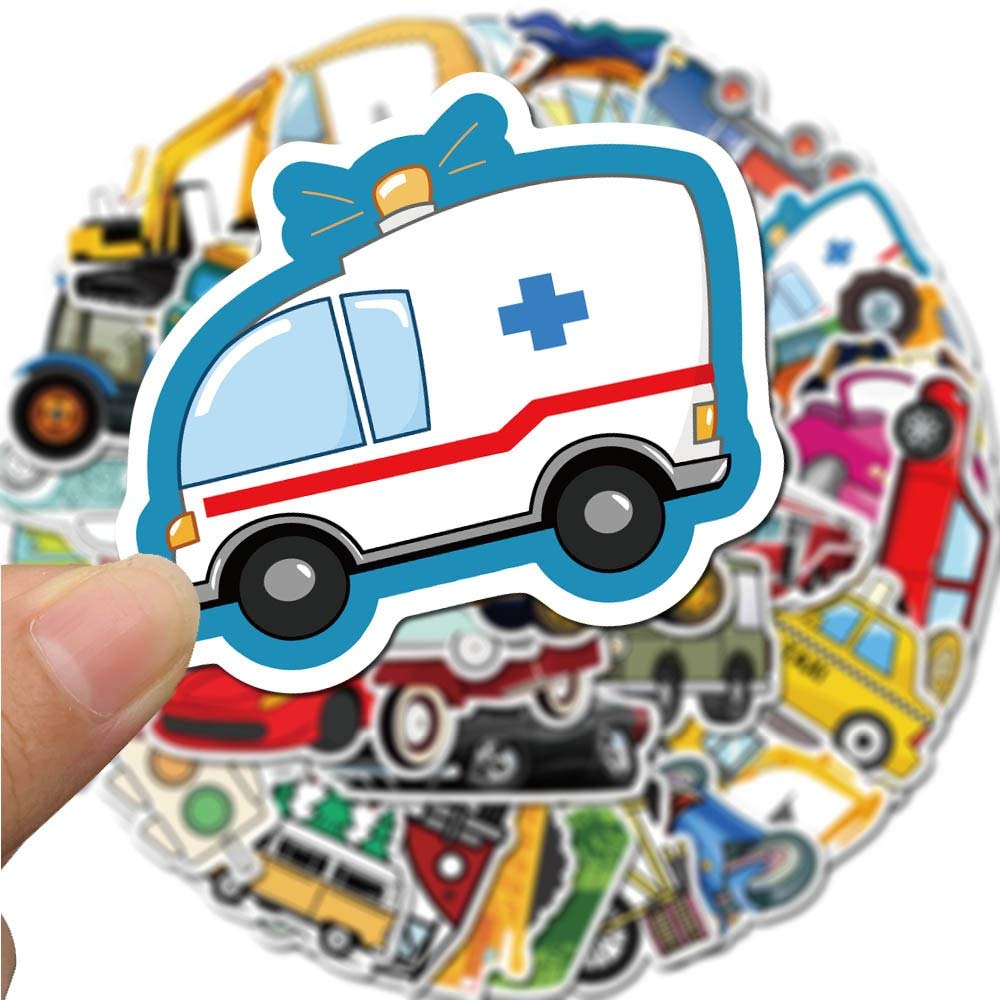 Adesivi carini per trasporto a vela, escavatore, auto, treno, per casco, laptop, PS4, chitarra, giocattoli per bambini, 50 pezzi
